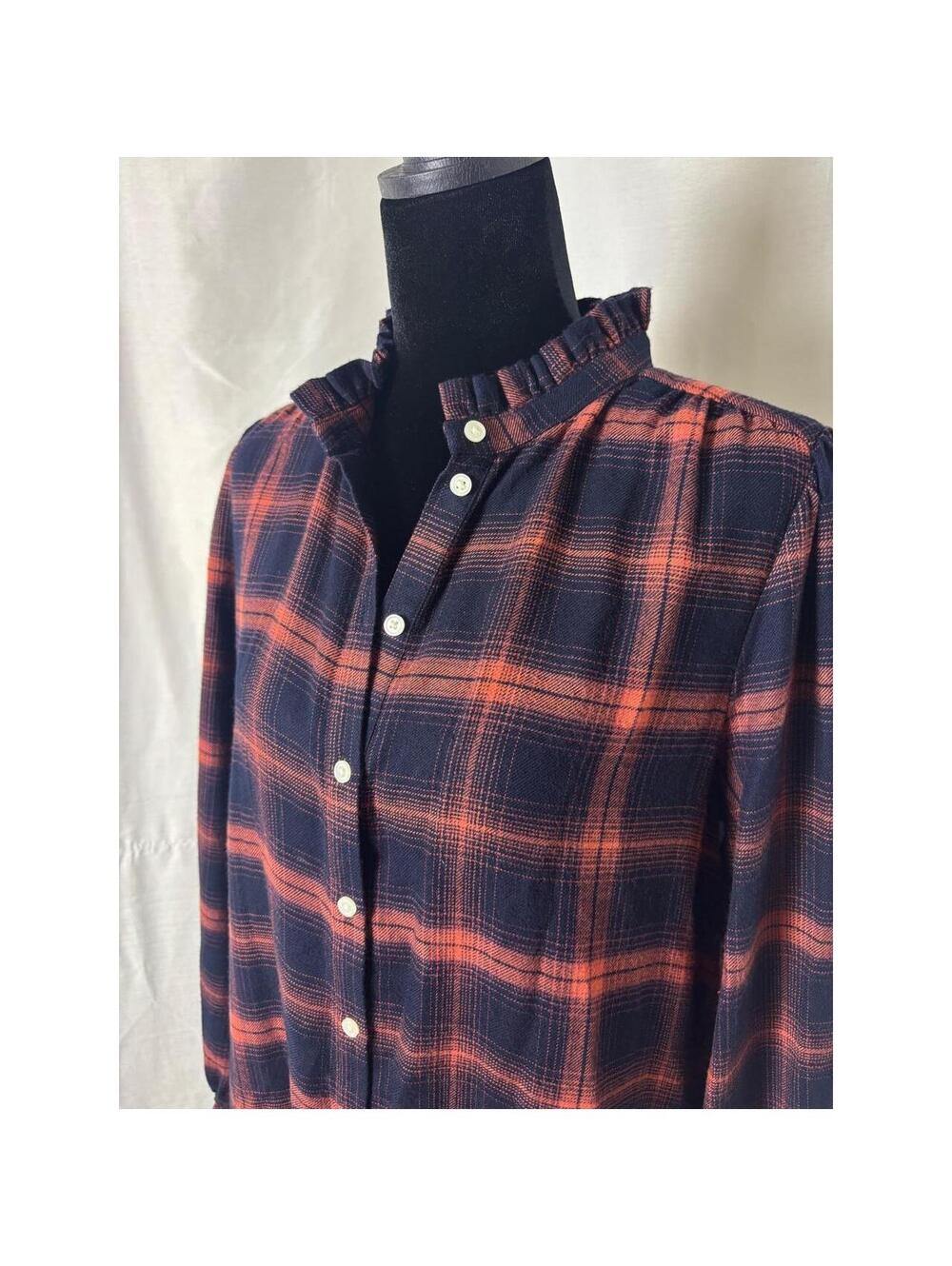 LOFT Navy Orange Plaid Cabincore Button Down Shirt Dress Small - Picture 2 of 4